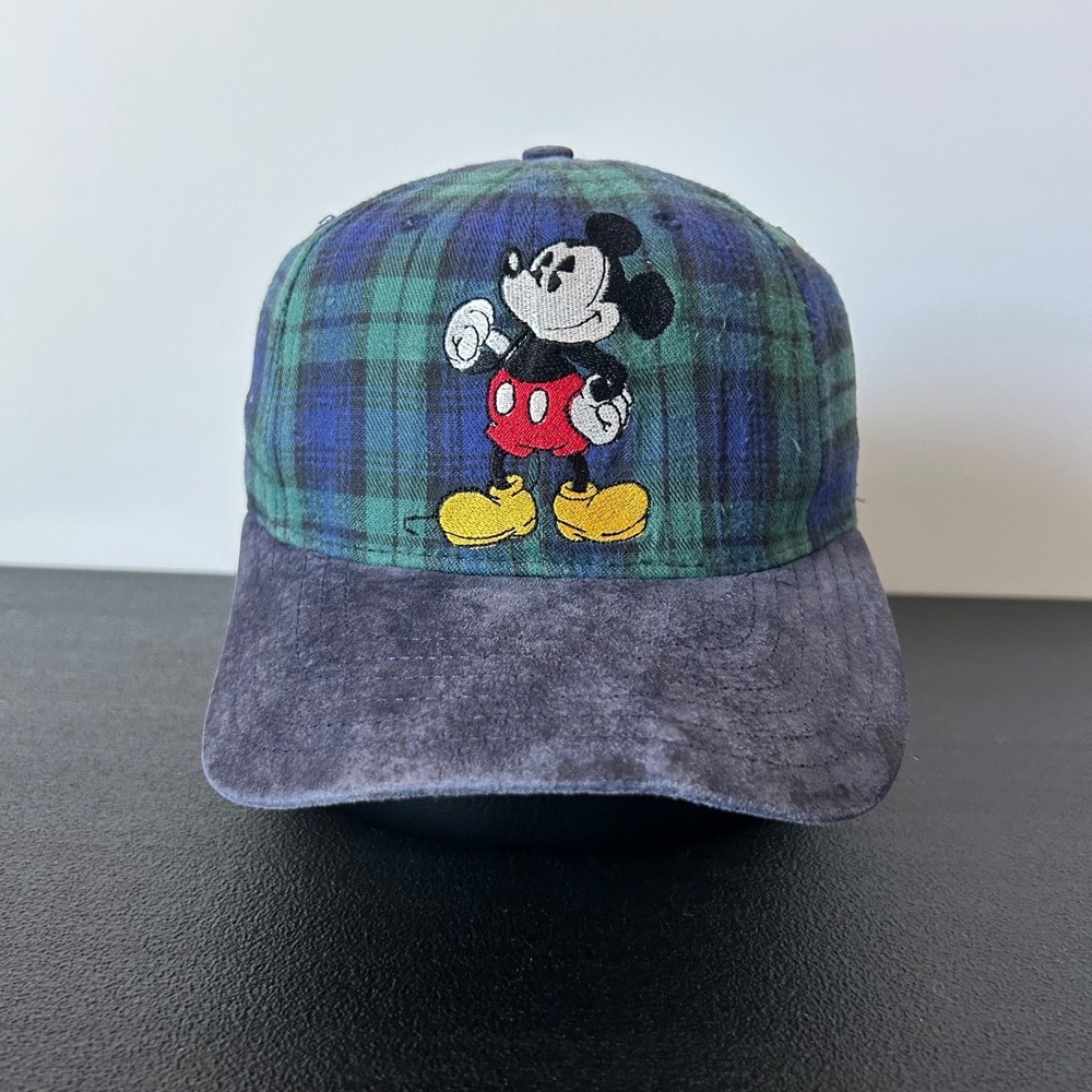 Vintage 90s Disney Mickey Mouse Hat Cap Strap Back Adjustable Blue Plaid Adult